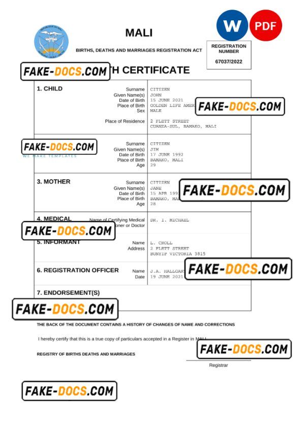 Mali vital record birth certificate Word and PDF template, completely editable