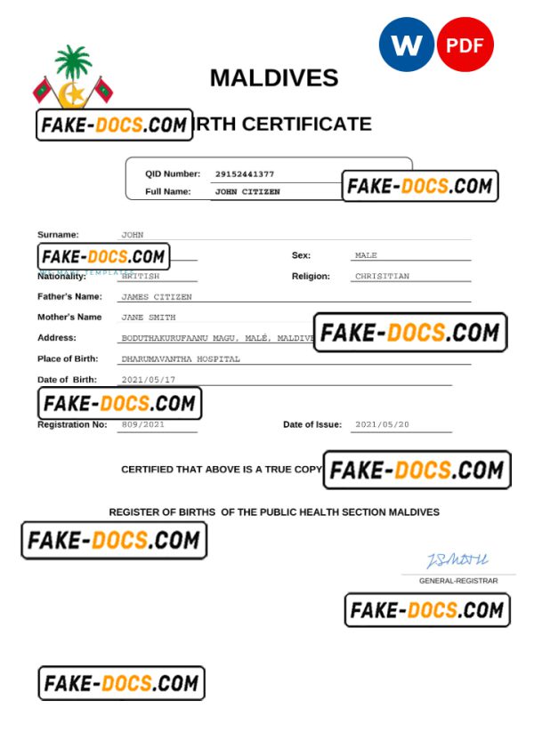 Maldives birth certificate Word and PDF template, completely editable