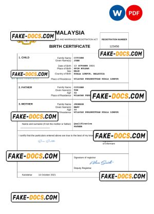 Malaysia vital record birth certificate Word and PDF template, completely editable Malaysia vital record birth certificate Word and PDF template, completely editable