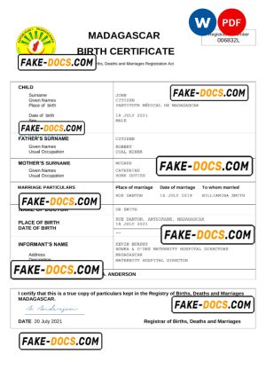 Madagascar vital record birth certificate Word and PDF template, completely editable Madagascar vital record birth certificate Word and PDF template, completely editable