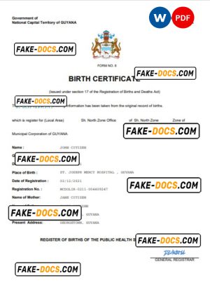 Guyana vital record birth certificate Word and PDF template, completely editable