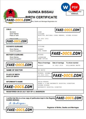 Guinea Bissau birth certificate Word and PDF template, completely editable