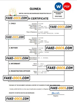 Guinea vital record birth certificate Word and PDF template, completely editable