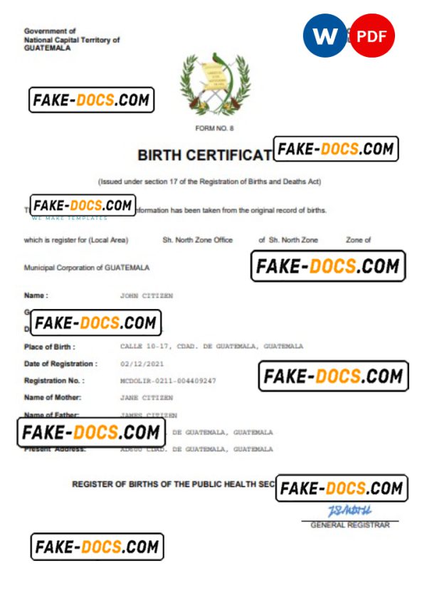 Guatemala birth certificate Word and PDF template, completely editable
