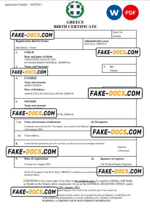 Greece birth certificate Word and PDF template, completely editable