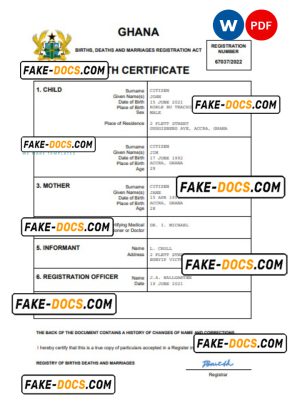 Ghana vital record birth certificate Word and PDF template, completely editable