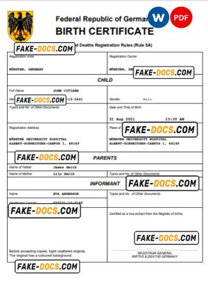 Germany birth certificate Word and PDF template, completely editable