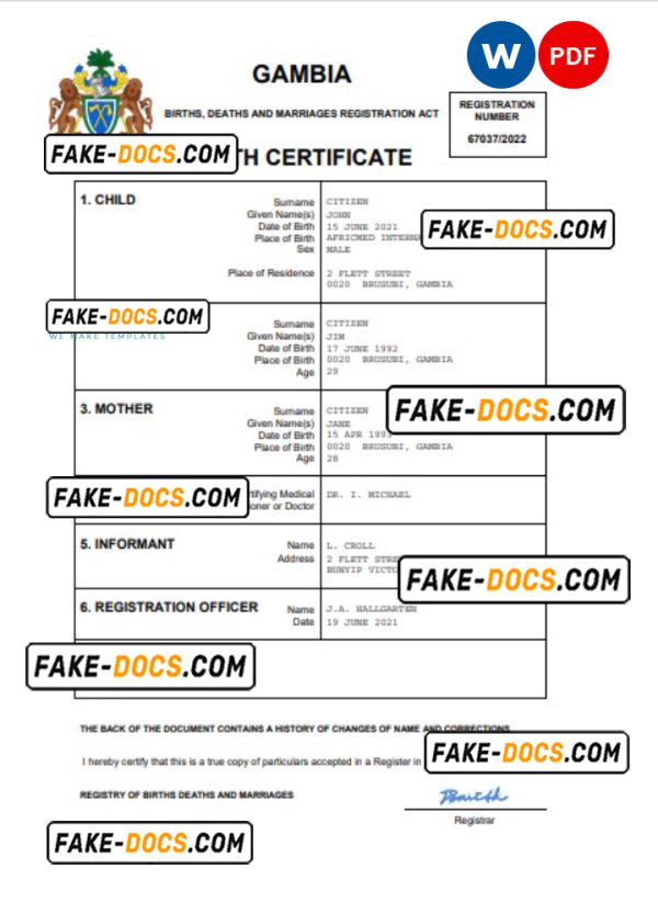 Gambia birth certificate Word and PDF template, completely editable