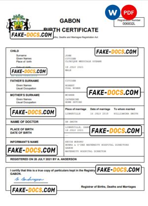 Gabon vital record birth certificate Word and PDF template, completely editable