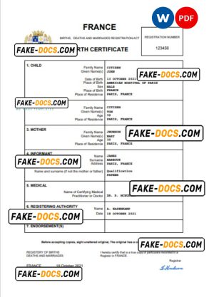 France birth certificate Word and PDF template, completely editable