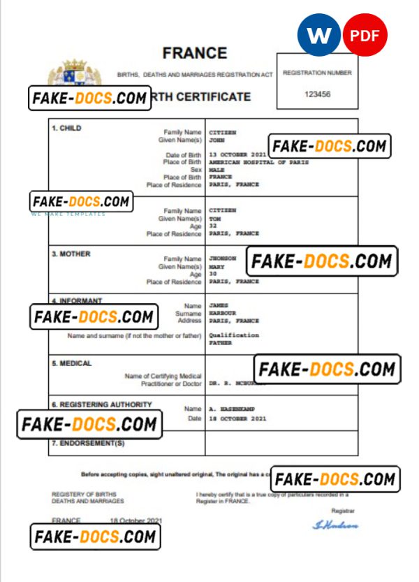 France birth certificate Word and PDF template, completely editable