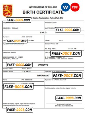 Finland vital record birth certificate Word and PDF template, completely editable