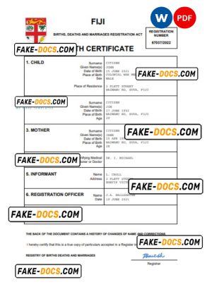 Fiji birth certificate Word and PDF template, completely editable