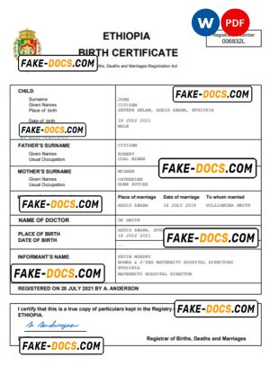 Ethiopia vital record birth certificate Word and PDF template, completely editable
