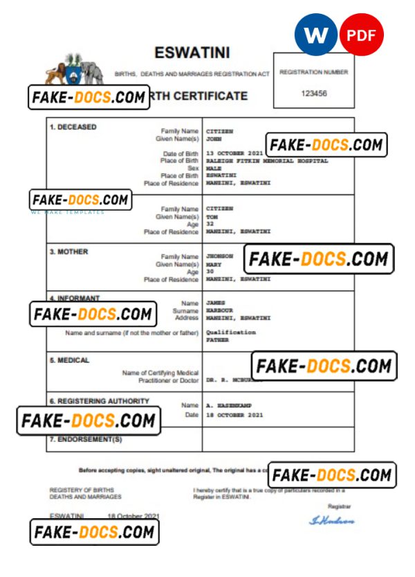 Eswatini birth certificate Word and PDF template, completely editable