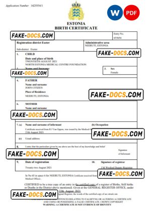 Estonia vital record birth certificate Word and PDF template, completely editable