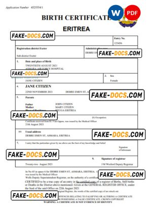 Eritrea vital record birth certificate Word and PDF template, completely editable
