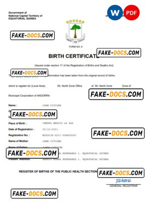 Equatorial Guinea birth certificate Word and PDF template, completely editable