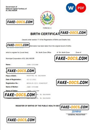 El Salvador vital record birth certificate Word and PDF template, completely editable