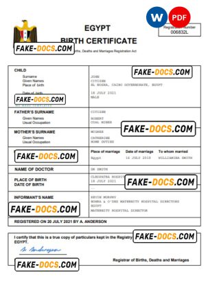 Egypt birth certificate Word and PDF template, completely editable