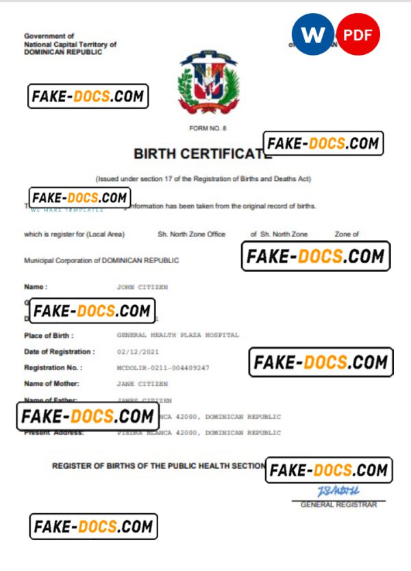 Dominican Republic birth certificate Word and PDF template, completely editable