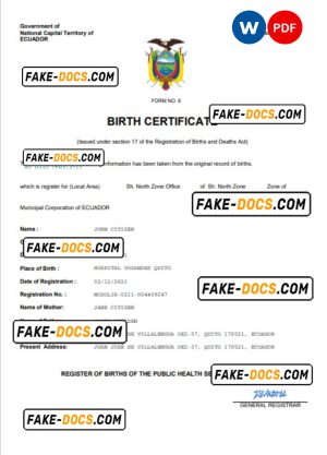 Ecuador vital record birth certificate Word and PDF template, completely editable