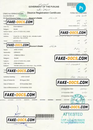 PAKISTAN (Punjab) divorce certificate PSD template, with fonts