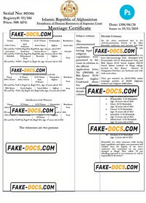 AFGHANISTAN marriage certificate PSD template, with fonts