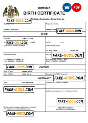 Dominica vital record birth certificate Word and PDF template, completely editable