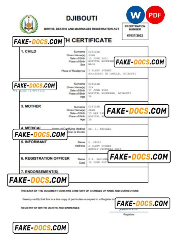 Djibouti birth certificate Word and PDF template, completely editable