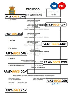 Denmark vital record birth certificate Word and PDF template, completely editable