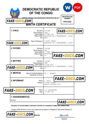 Democratic Republic of the Congo birth certificate Word and PDF template, completely editable