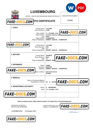 Luxembourg birth certificate Word and PDF template, completely editable Luxembourg birth certificate Word and PDF template, completely editable