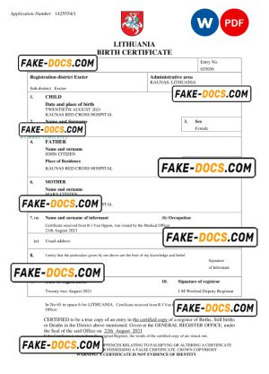 Lithuania birth certificate Word and PDF template, completely editable Lithuania birth certificate Word and PDF template, completely editable