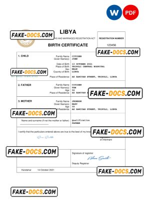 Libya birth certificate Word and PDF template, completely editable Libya birth certificate Word and PDF template, completely editable
