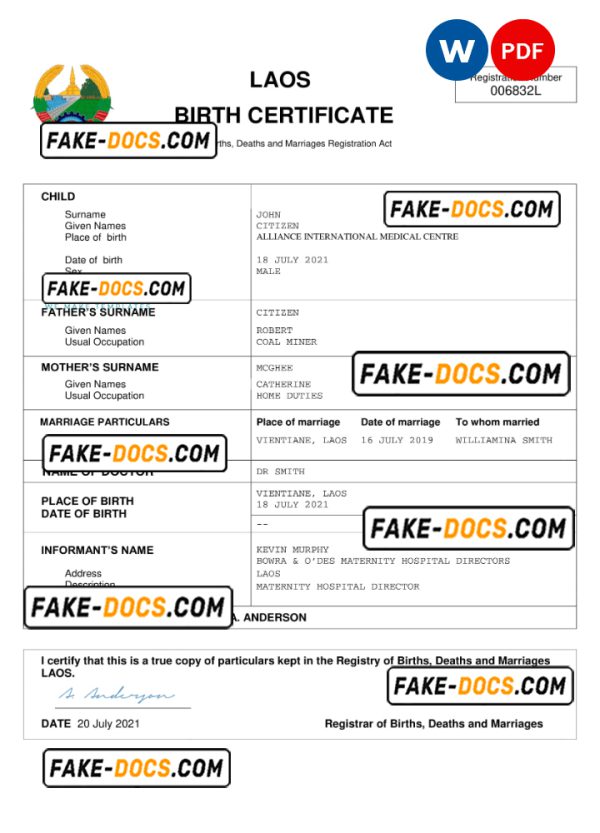 Laos birth certificate Word and PDF template, completely editable