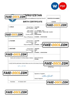 Kyrgyzstan birth certificate Word and PDF template, completely editable Kyrgyzstan birth certificate Word and PDF template, completely editable