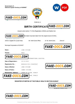 Kuwait vital record birth certificate Word and PDF template, completely editable Kuwait vital record birth certificate Word and PDF template, completely editable