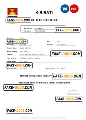 Kiribati birth certificate Word and PDF template, completely editable Kiribati birth certificate Word and PDF template, completely editable