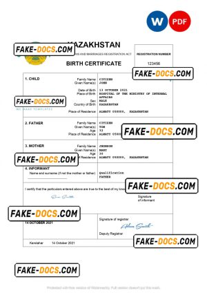 Kazakhstan vital record birth certificate Word and PDF template, completely editable Kazakhstan vital record birth certificate Word and PDF template, completely editable