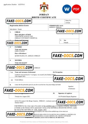 Jordan birth certificate Word and PDF template, completely editable Jordan birth certificate Word and PDF template, completely editable