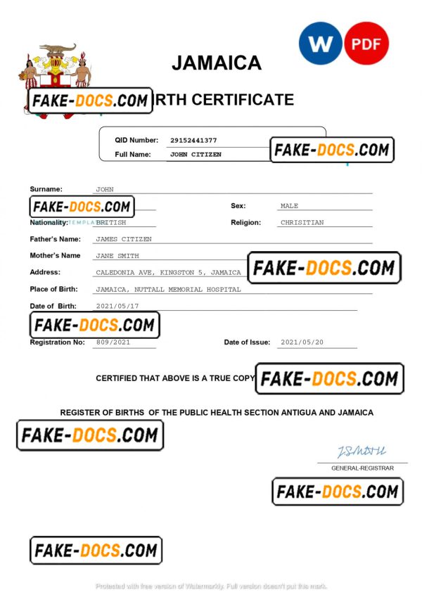 Jamaica vital record birth certificate Word and PDF template, completely editable
