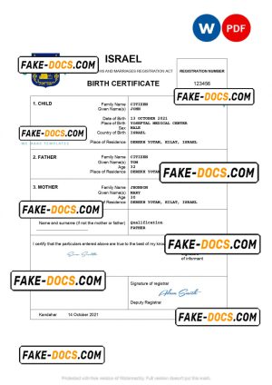 Israel vital record birth certificate Word and PDF template, completely editable