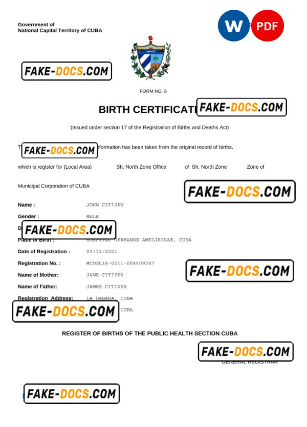 Cuba vital record birth certificate Word and PDF template, completely editable