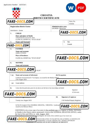 Croatia birth certificate Word and PDF template, completely editable
