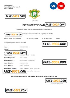 Cote d’Ivoire vital record birth certificate Word and PDF template, completely editable