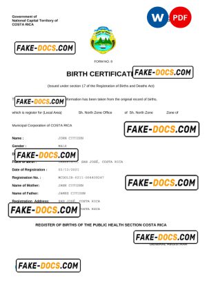 Costa Rica birth certificate Word and PDF template, completely editable