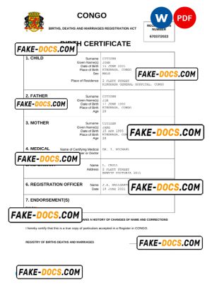 Congo vital record birth certificate Word and PDF template, completely editable