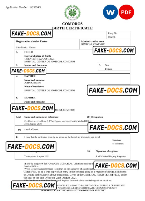 Comoros birth certificate Word and PDF template, completely editable