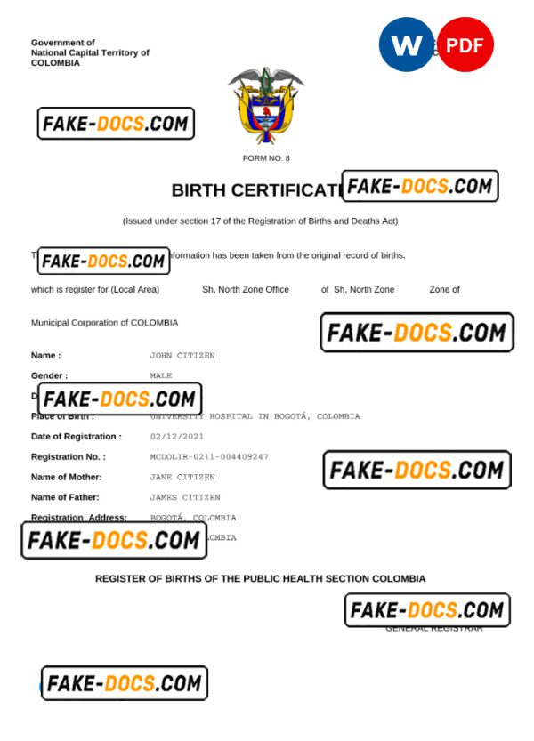 Colombia vital record birth certificate Word and PDF template, completely editable